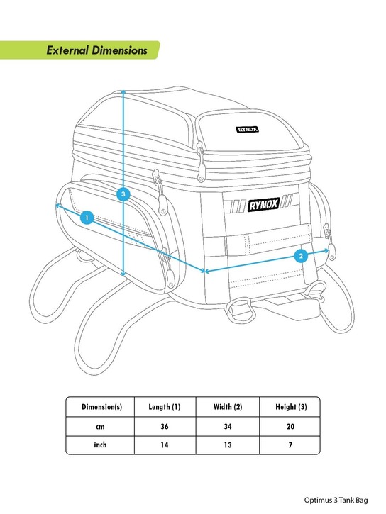 Rynox Optimus 3 tank bagSize Chart